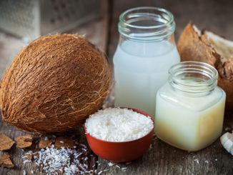 Coconut oil and milk, grounded coconut flakes and coco nut