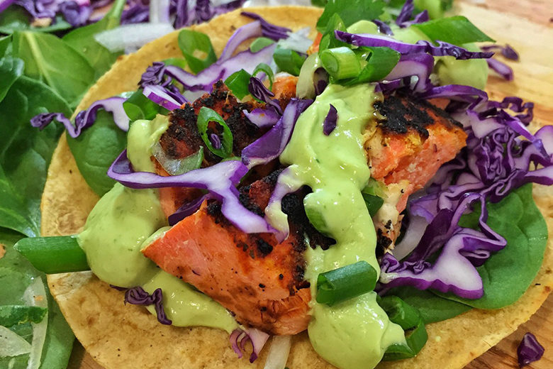Blackened Fish Tacos with Red Cabbage & Avocado Crema