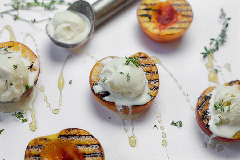 Grilled Peaches with Ice Cream, Honey and Thyme - Food & Nutrition Magazine - Stone Soup