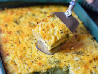 Hash Brown Casserole with Veggies in pan and on spatula, ready to be served