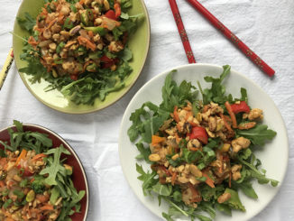 Vegetarian Stir Fry Salad with Tempeh on Bowls ready to eat