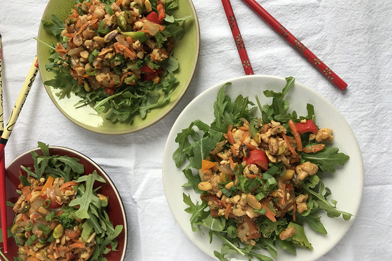 Vegetarian Stir Fry Salad with Tempeh on Bowls ready to eat